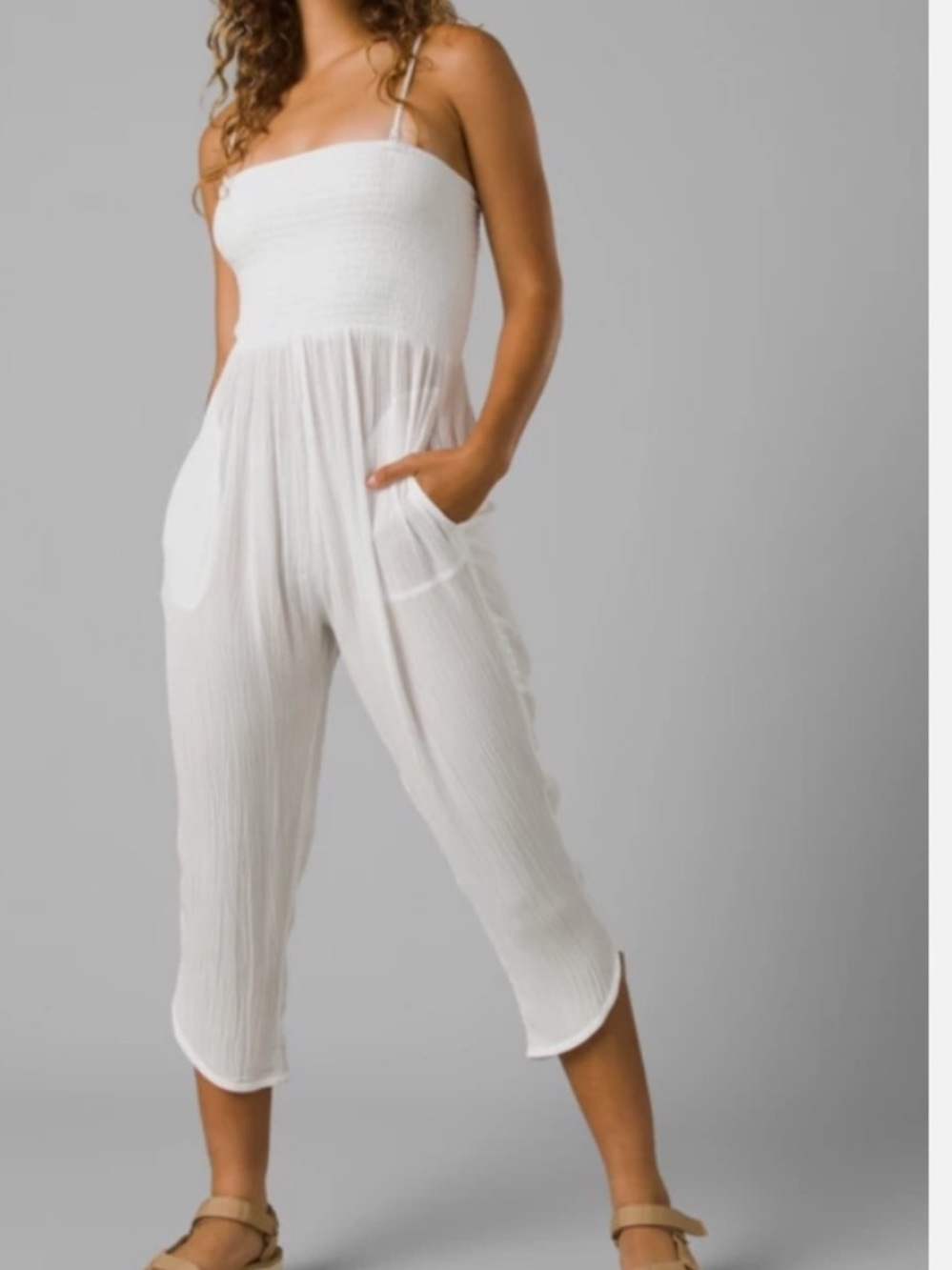 PrAna Fernie Smocked White Cropped Sleeveless Jumpsuit Tencel with Pockets Sz M